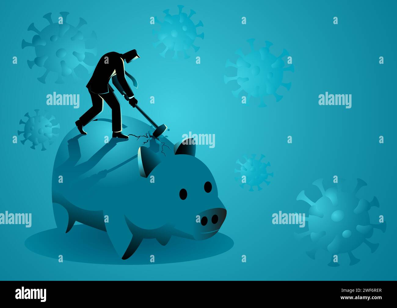 Illustration vectorielle de concept d'entreprise d'homme d'affaires cassant une tirelire géante pendant la pandémie, a besoin d'argent d'urgence, en utilisant de l'argent dans la crise financière Illustration de Vecteur