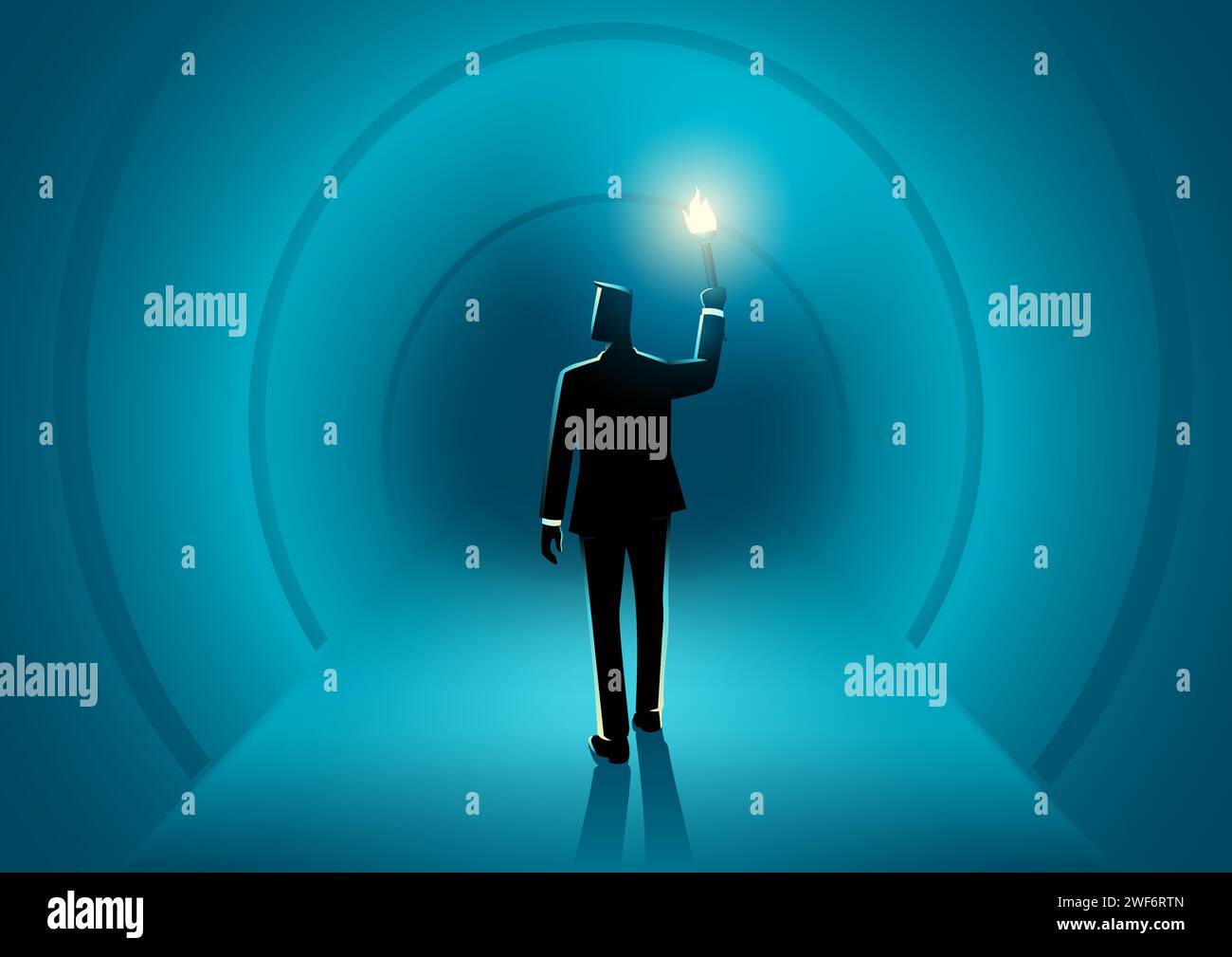 Concept d'entreprise de l'homme d'affaires marchant dans le tunnel sombre tenant une torche, illustration vectorielle Illustration de Vecteur