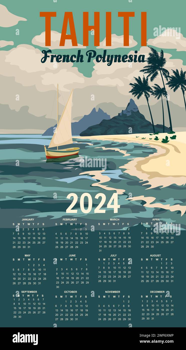 Calendrier 2024 Polynésie française Iles Tahiti affiche murale voyage Illustration de Vecteur
