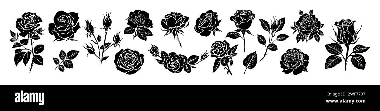 Ensemble de silhouettes noires de rose décorative. Illustration de Vecteur
