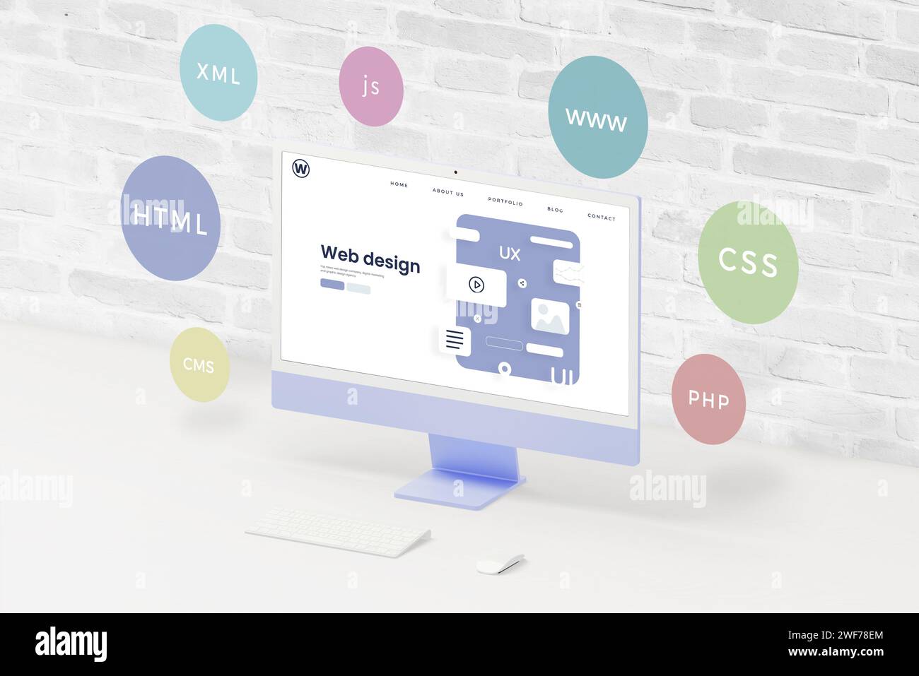Affichage de l'ordinateur sur le bureau avec interface utilisateur, mise en page web UX. Les bulles environnantes représentent des technologies de conception Web telles que HTML, CSS, JS. Un espace de travail dynamique capt Banque D'Images