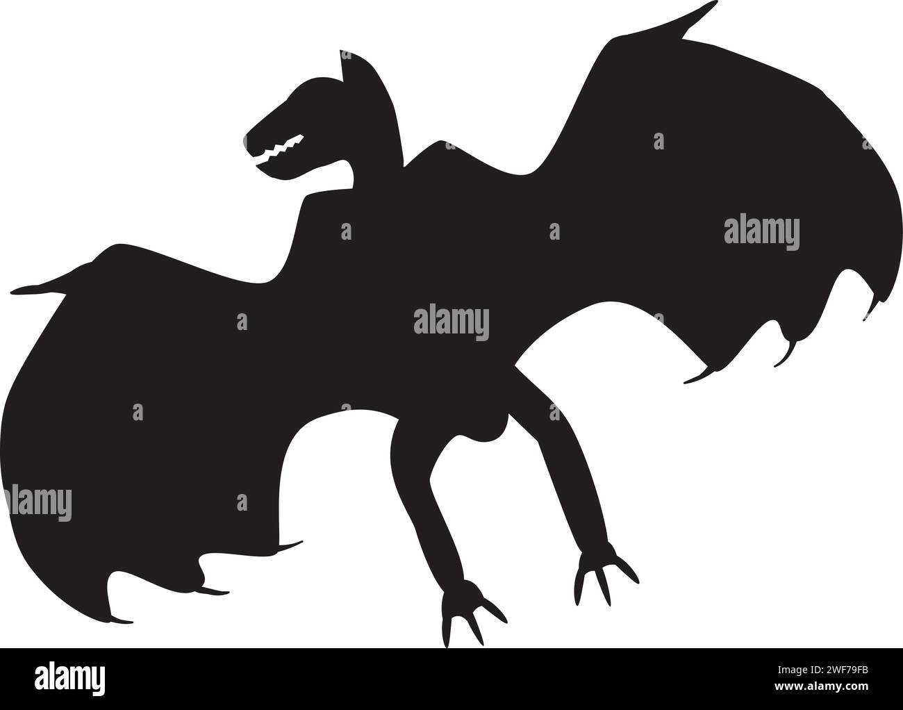 Corps animal vampire ailé de silhouette noire, personnage Halloween de conte de fées. Contour d'ombre effrayant de l'épouvantail de vampire nocturne. Noir et blanc simple Illustration de Vecteur
