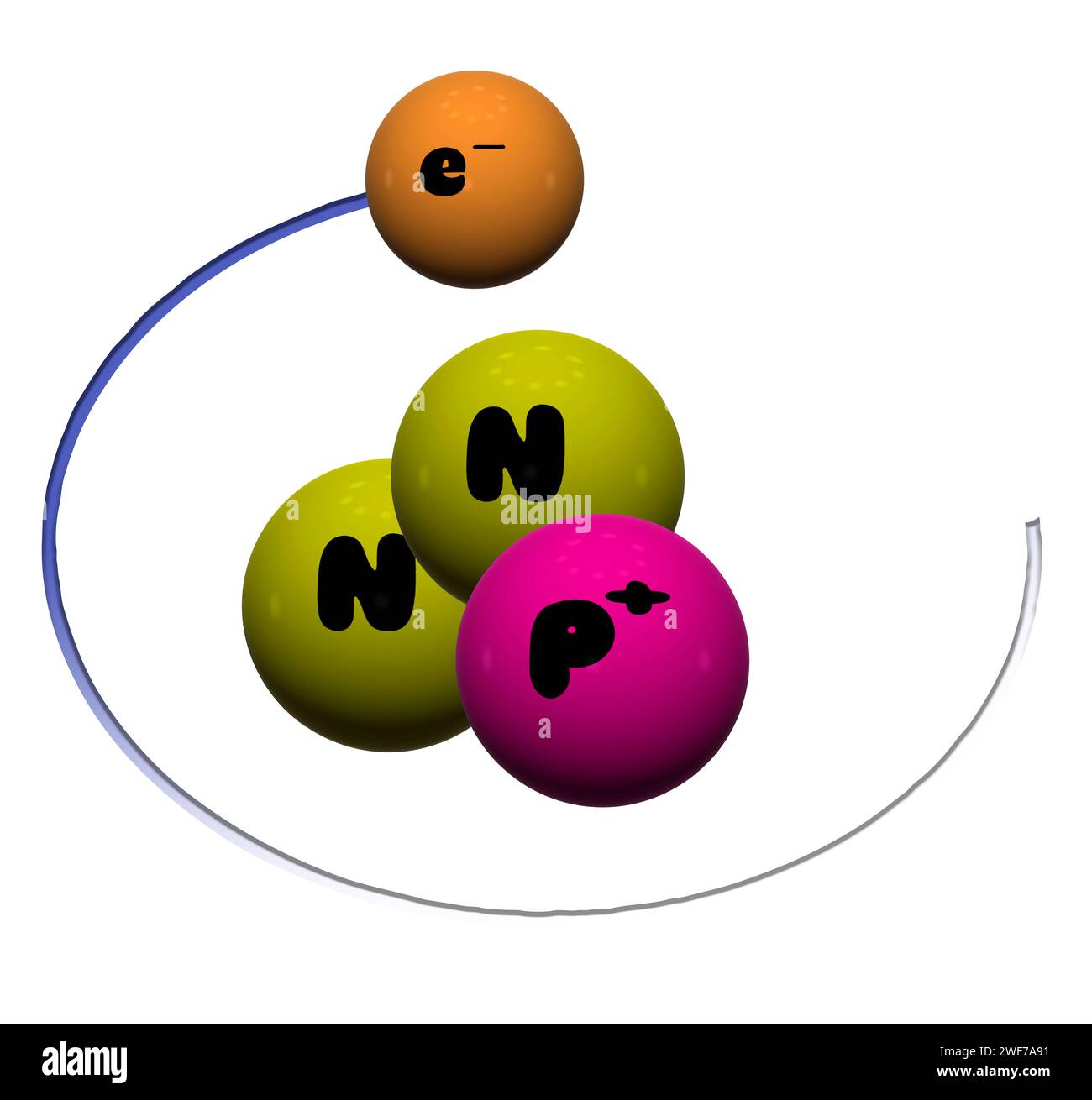 Illustration numérique. Sphères 3d avec électrons, neutrons et protons arrangés pour représenter l'isotope tritium science, scientifique, atome, atomes, atomique, wetenschap, physique, natururkunde, Banque D'Images