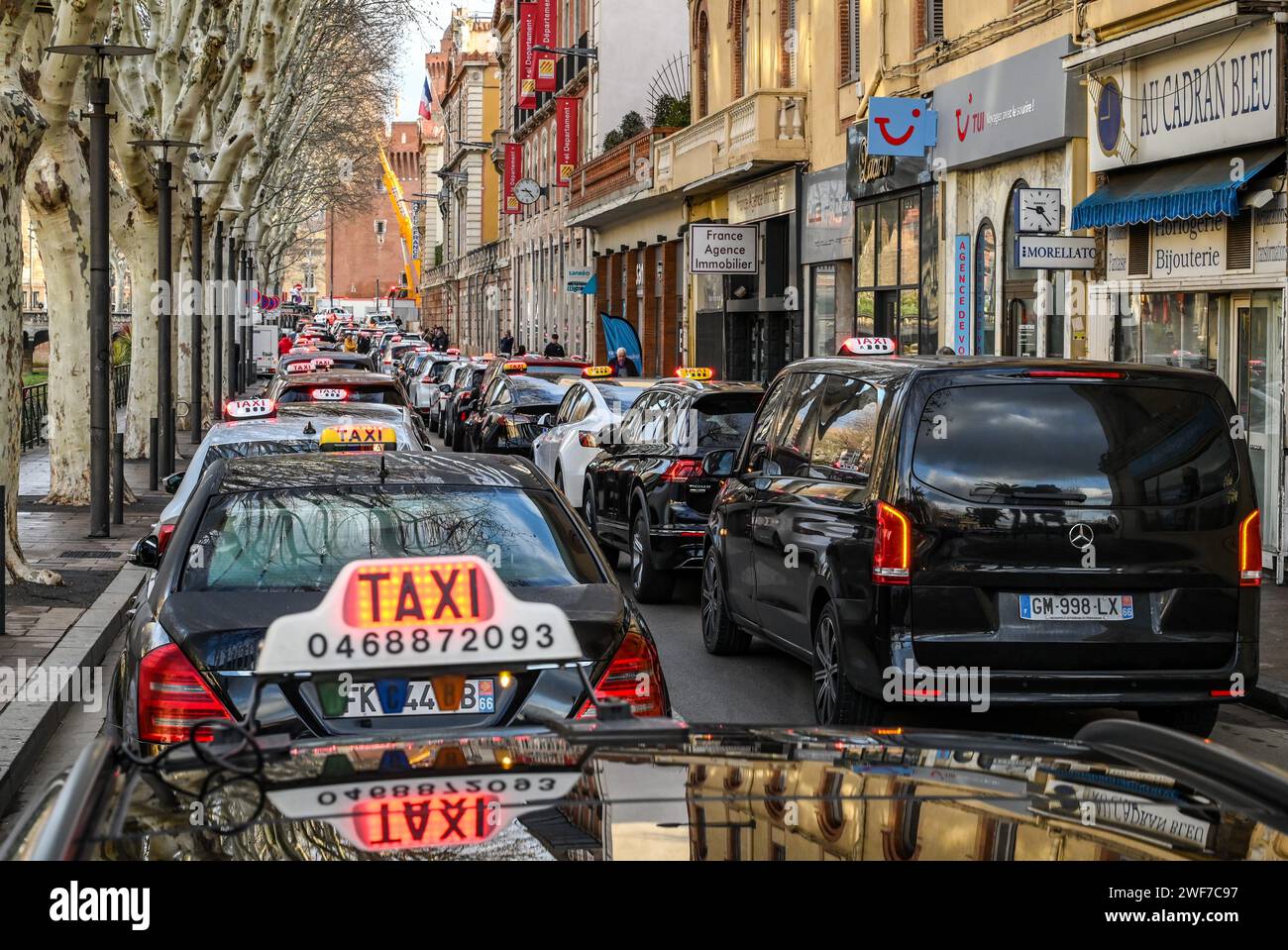 Perpignan, France. 29 janvier 2024. © PHOTOPQR/l'INDÉPENDANT/MICHEL CLEMENTZ ; PERPIGNAN ; 29/01/2024 ; SOCIAL/MANIFESTATION NATIONALE DES TAXIS/A l'appel de syndicats les taxis sont mobilises partout en France contre la nouvelle convention qui les lie a la Caisse nationale d'assurance maladie dans le cadre des transports sanitaires/ici DEVANT LA PREFECTURE DES PYRÉNÉES-ORIENTALES/ -- 29 janvier 2024 grève des chauffeurs de taxi nationaux en France, ici à Perpignan crédit : MAXPPP/Alamy Live News Banque D'Images