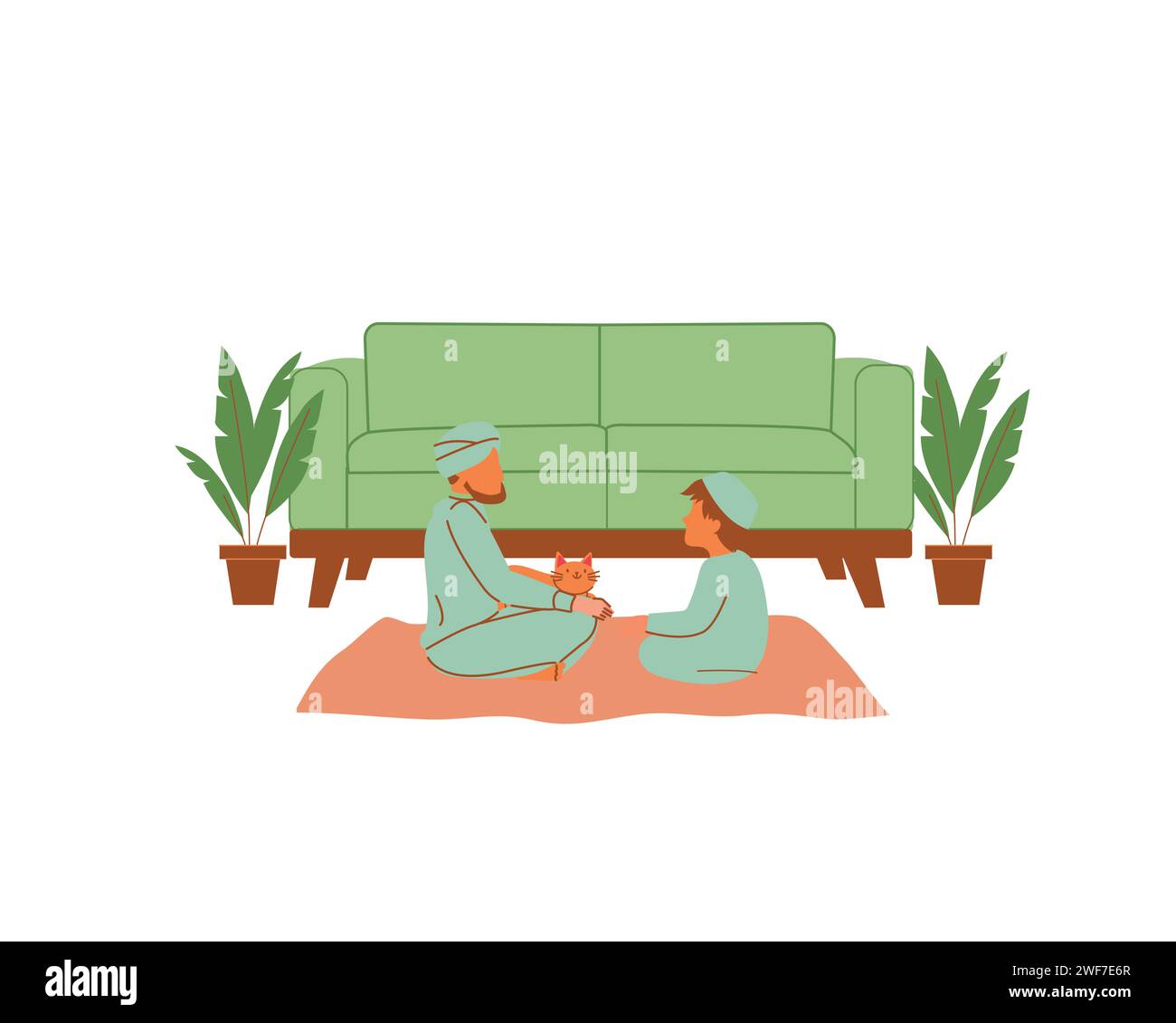 Homme et son enfant assis sur le sol et jouant avec un chat. Illustration vectorielle plate. Conception et concept d'accueil et d'adoption d'animaux Illustration de Vecteur