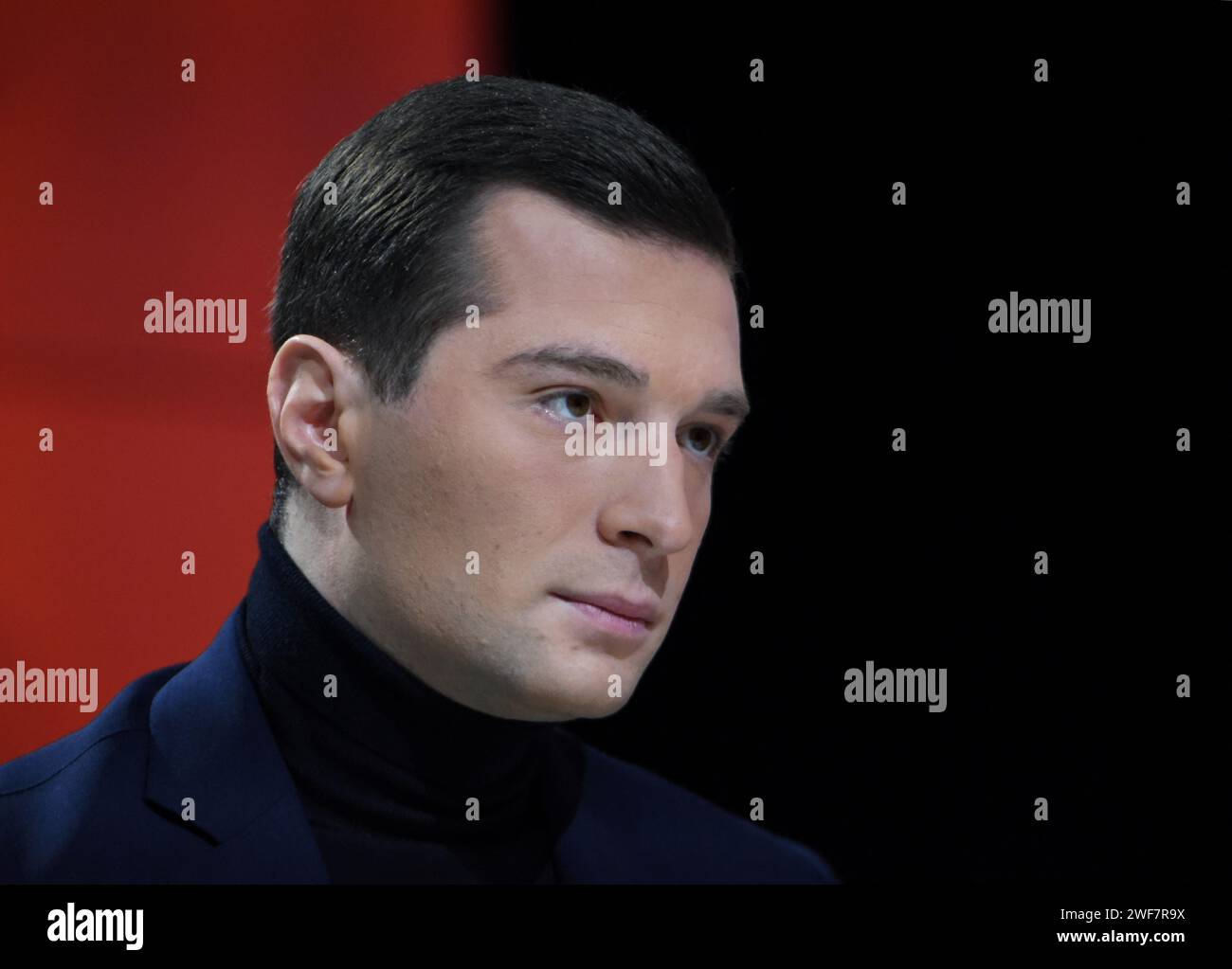 Jordan Bardella est interviewé par Apolline de Malherbe sur RMC/BFMTV à Paris, France le 29 janvier 2024 photo par Alain Apaydin/ABACAPRESS.COM Banque D'Images