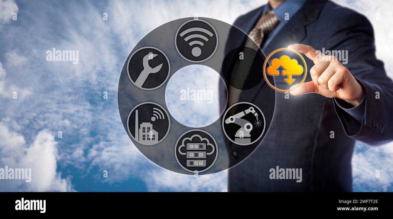 L'ingénieur de service Blue Chip permet la fabrication dans le cloud via une interface de contrôle virtuelle. Concept pour Manufacturing as a Service ou Maas, technique Banque D'Images