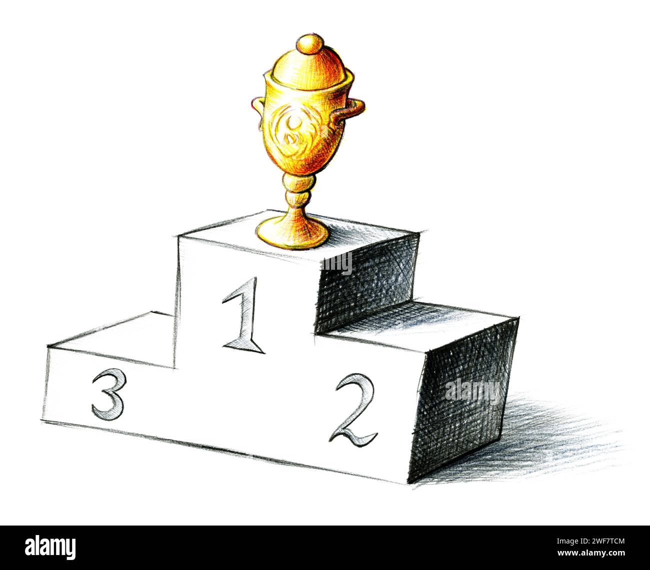 Dessin au crayon FreeHand de la coupe du prix d'or prenant la première position sur un podium de gagnants. Esquisse de concept pour trophée, victoire, championnat, succès, Banque D'Images