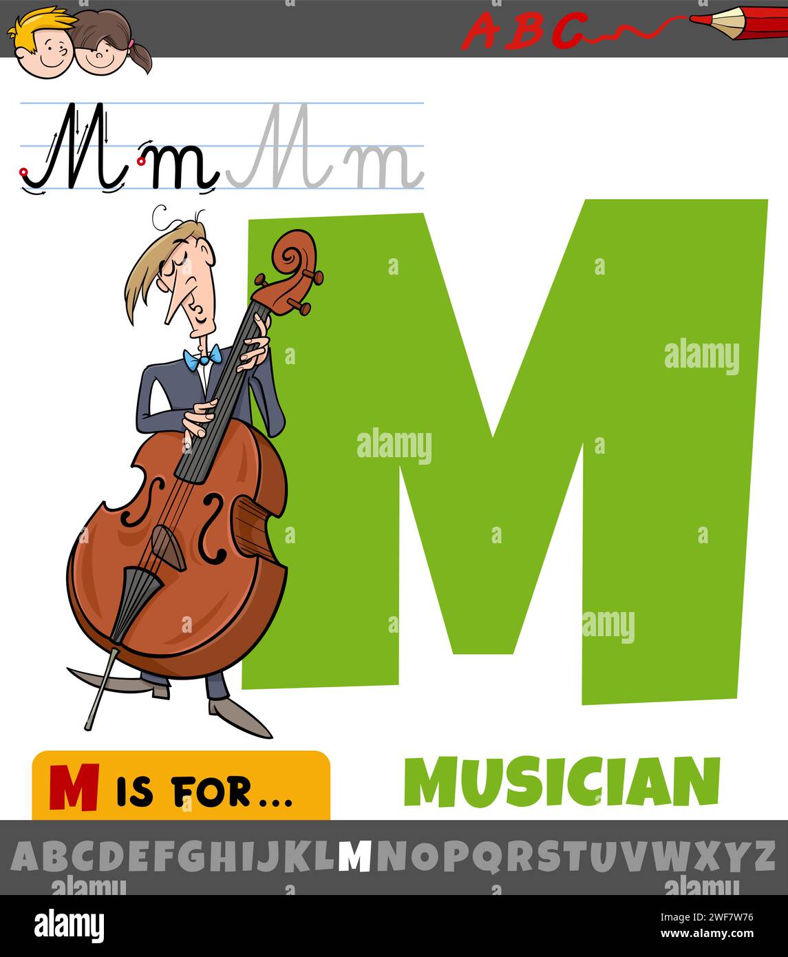 Illustration éducative de dessin animé de la lettre M de l'alphabet avec le caractère musicien Illustration de Vecteur