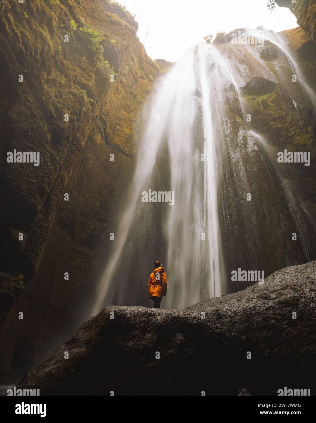idylle islandaise : veste de pluie jaune, cascade majestueuse et beauté de la nature Banque D'Images