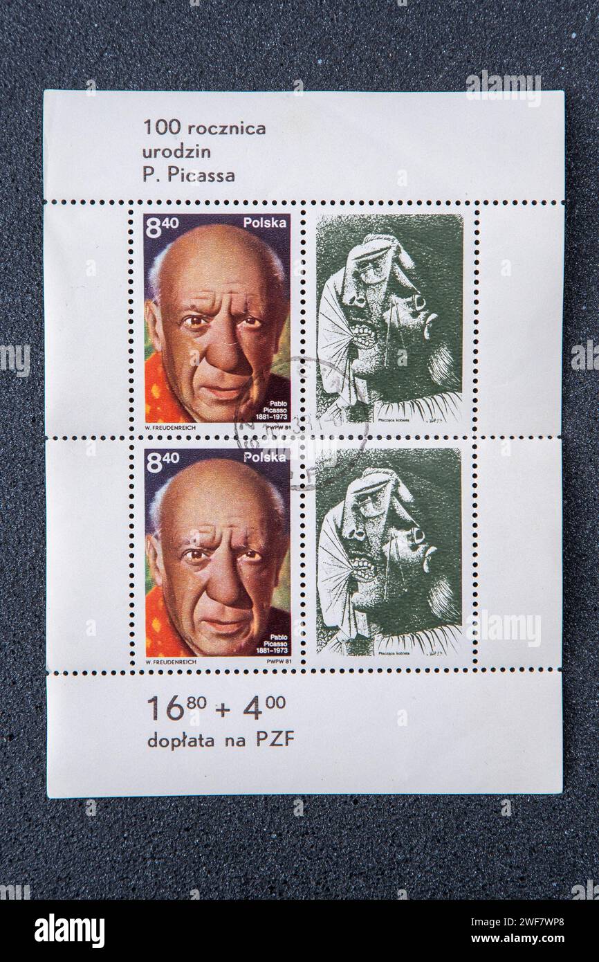 Timbres-poste consacrés à Pablo Picasso. Portrait et peinture. Pologne - circa 1981. Banque D'Images