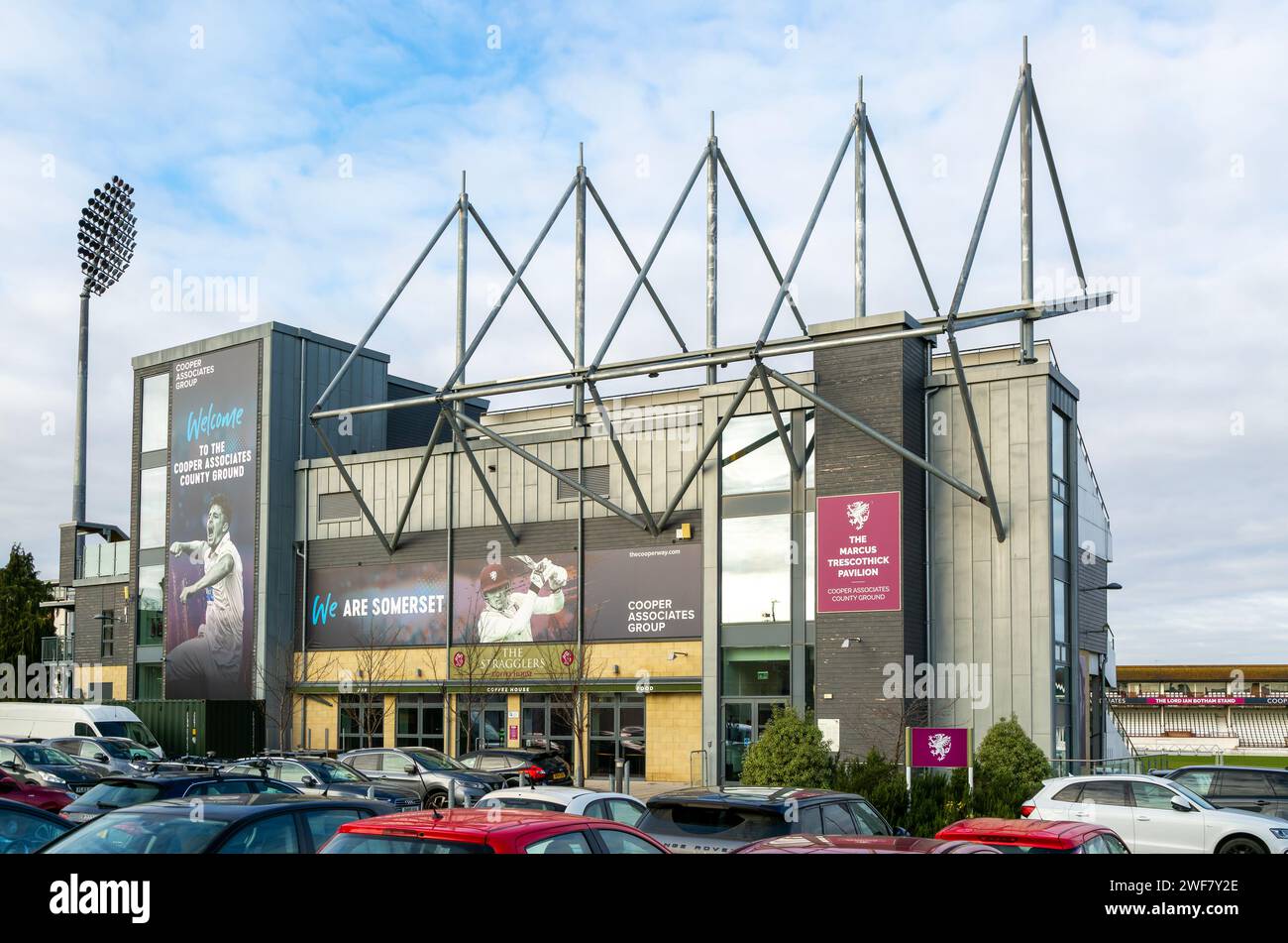 Stand du pavillon Marcus Trescothick, County Ground, Somerset County Cricket Club, Taunton, Somerset, Angleterre, Royaume-Uni Banque D'Images