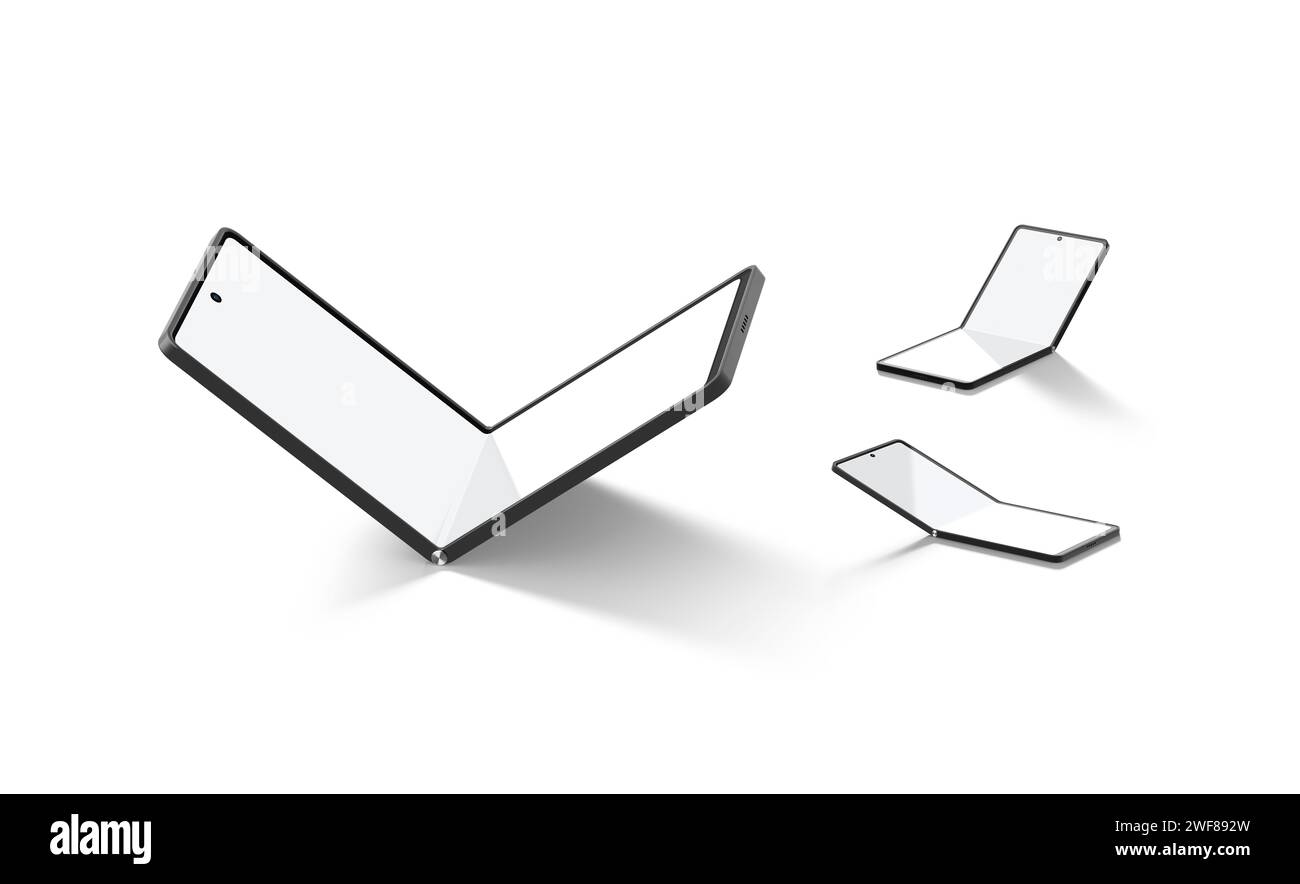 Maquette pliée d'affichage de téléphone à clapet flexible noir vierge, vues différentes, rendu 3D. Smartphone livre vide avec maquette multi-affichage, isolé. Banque D'Images