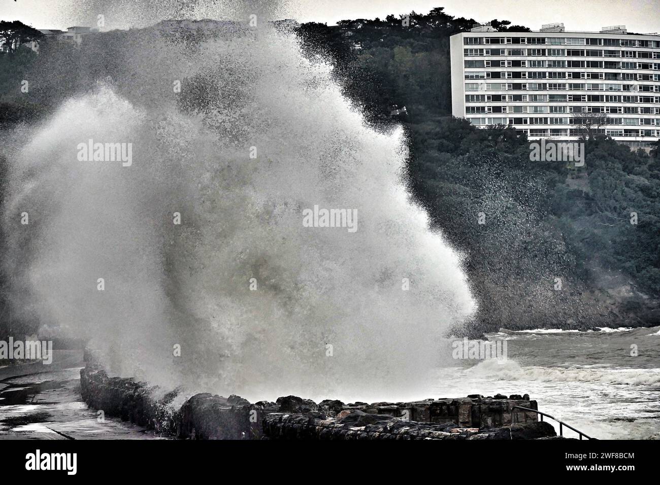 D'énormes vagues s'écrasant sur la digue de la mer à Meadfoot Beach Sea Road à Torquay pendant une tempête hivernale Banque D'Images