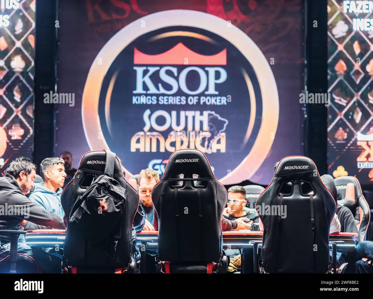 Table de présentation au tournoi GG Poker KSOP South America Poker qui s'est tenu en janvier 2024 à Rio de Janeiro, Brésil à RioCentro Banque D'Images