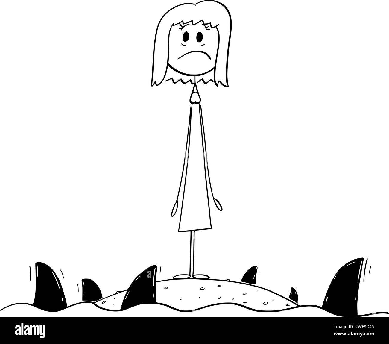 Femme debout seule sur l'île divisée par Sea of Sharks, Vector Cartoon Stick Figure Illustration Illustration de Vecteur