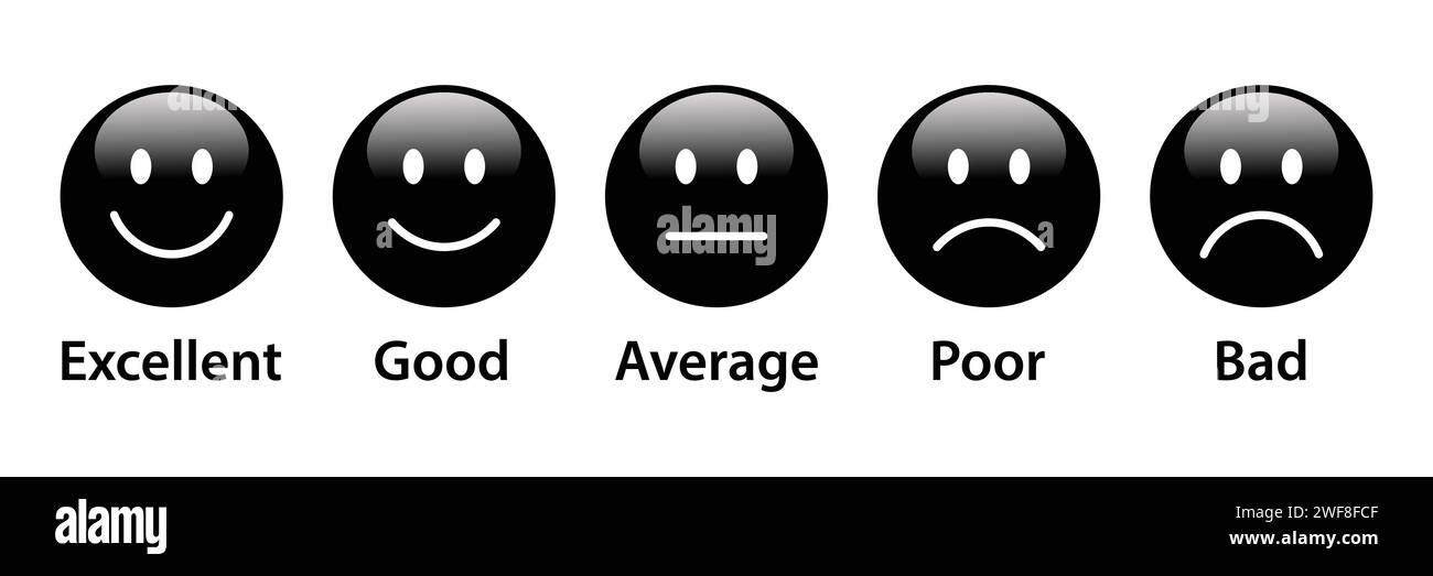 Emojis 3D Rating défini en couleur noire avec étiquette. Collection d'émoticônes de rétroaction. Excellent, bon, moyen, pauvre et très mauvais emojis. Ensemble d'emoji de notation Illustration de Vecteur