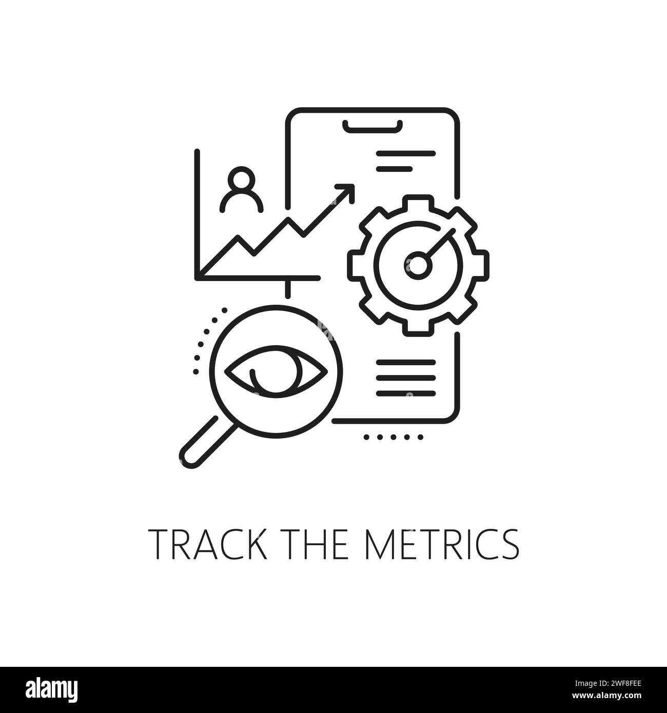 Suivez les métriques, le développement d'applications Web et l'icône d'optimisation. Application native mobile API ou logiciel de réseau développer la technologie pictogramme linéaire, analyse des métriques utilisateur Web icône ou symbole vectoriel de contour Illustration de Vecteur