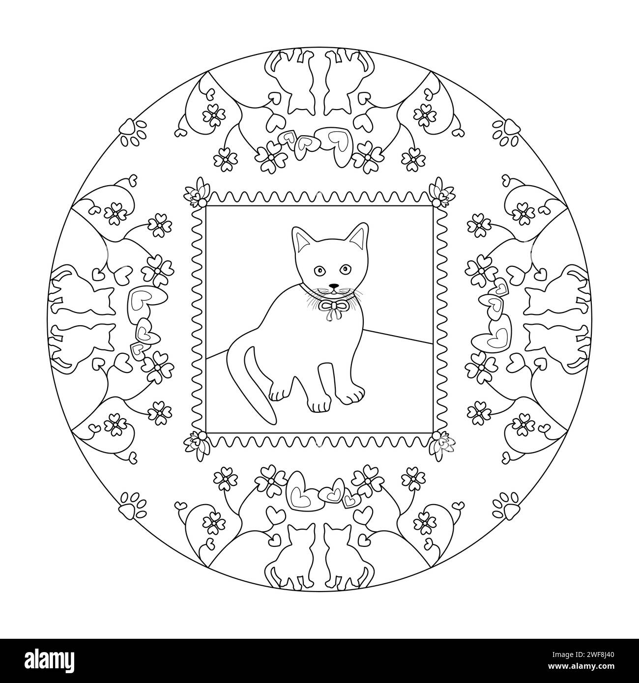 Mandala. Chat assis. Fleur en forme de coeur et silhouette de chat. Coloriage. Illustration vectorielle. Illustration de Vecteur