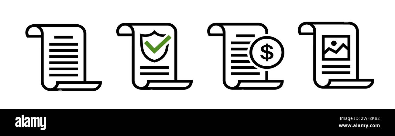 Icône de ligne de document papier définie. Symbole lettre. Signe de contrat de sécurité ou de contrat de protection. Symbole de facture de commande, de paiement et de facture. Motif de signalisation fiscale Illustration de Vecteur