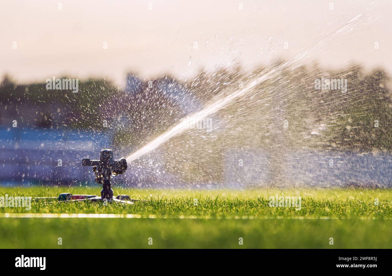 Arroseur automatique de pelouse arrosant de l'herbe verte sur un stade. Système d'irrigation. Banque D'Images