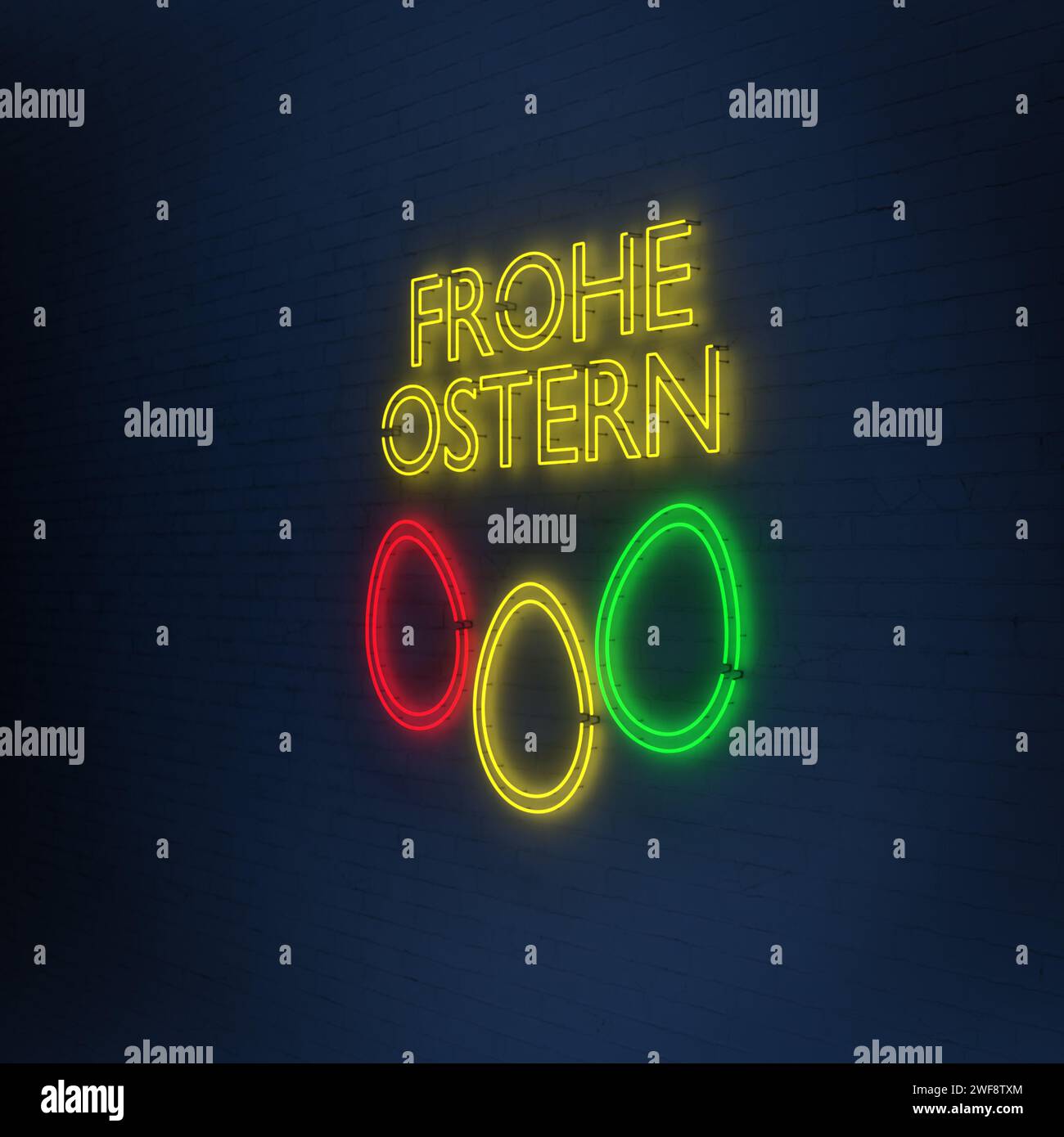 Texte allemand 'Frohe Ostern' (Joyeuses Pâques) signe néon avec oeuf de différentes couleurs contre un mur de briques blanches éclairé en bleu Banque D'Images