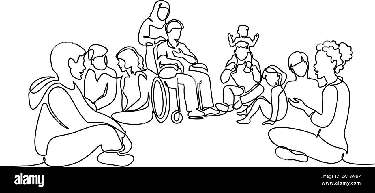 Groupe de personnes différentes nations et âges assis sur le sol ensemble Illustration de Vecteur