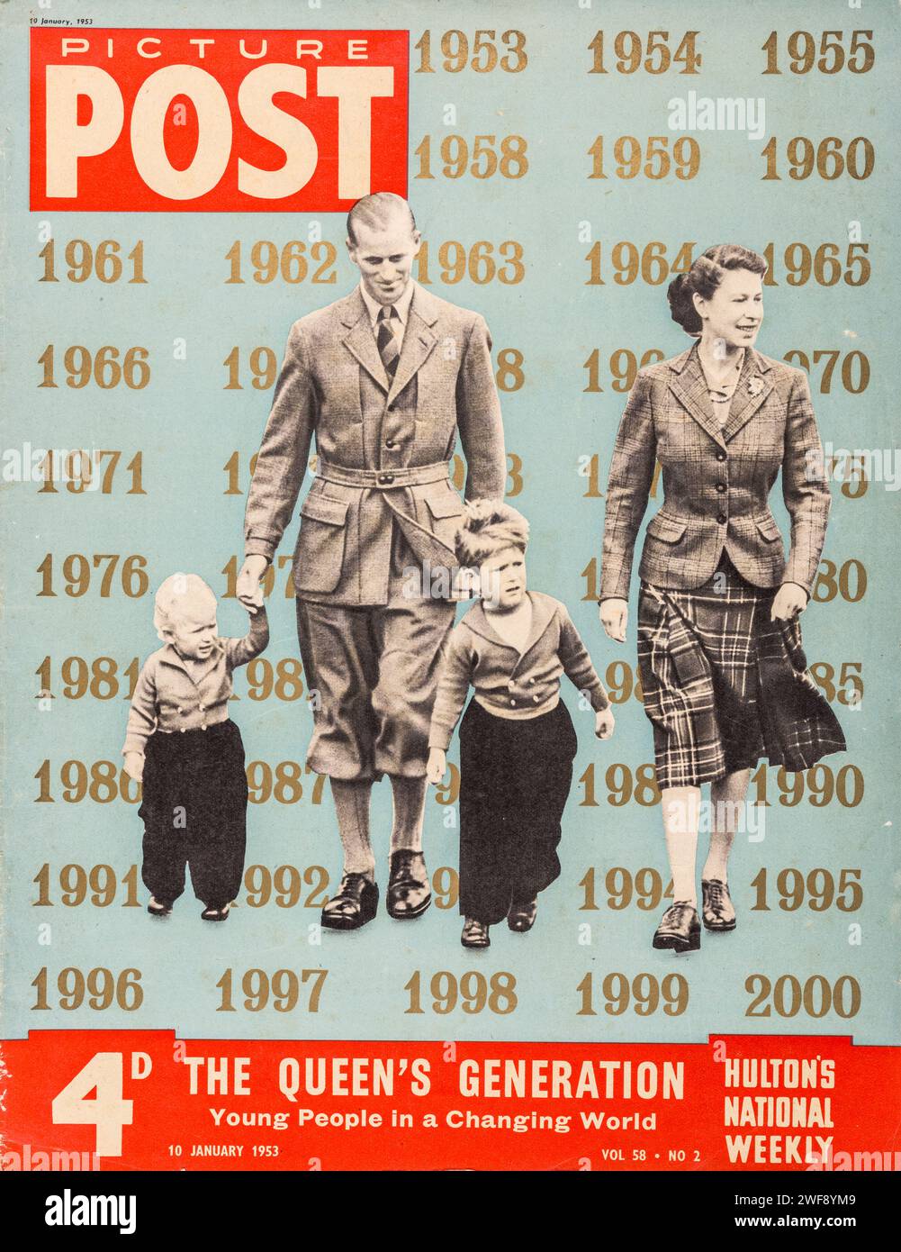 Couverture du magazine Picture Post pour 1953, montrant la jeune famille royale - la reine, le prince Philip, le prince Charles et le prince Andrew Banque D'Images