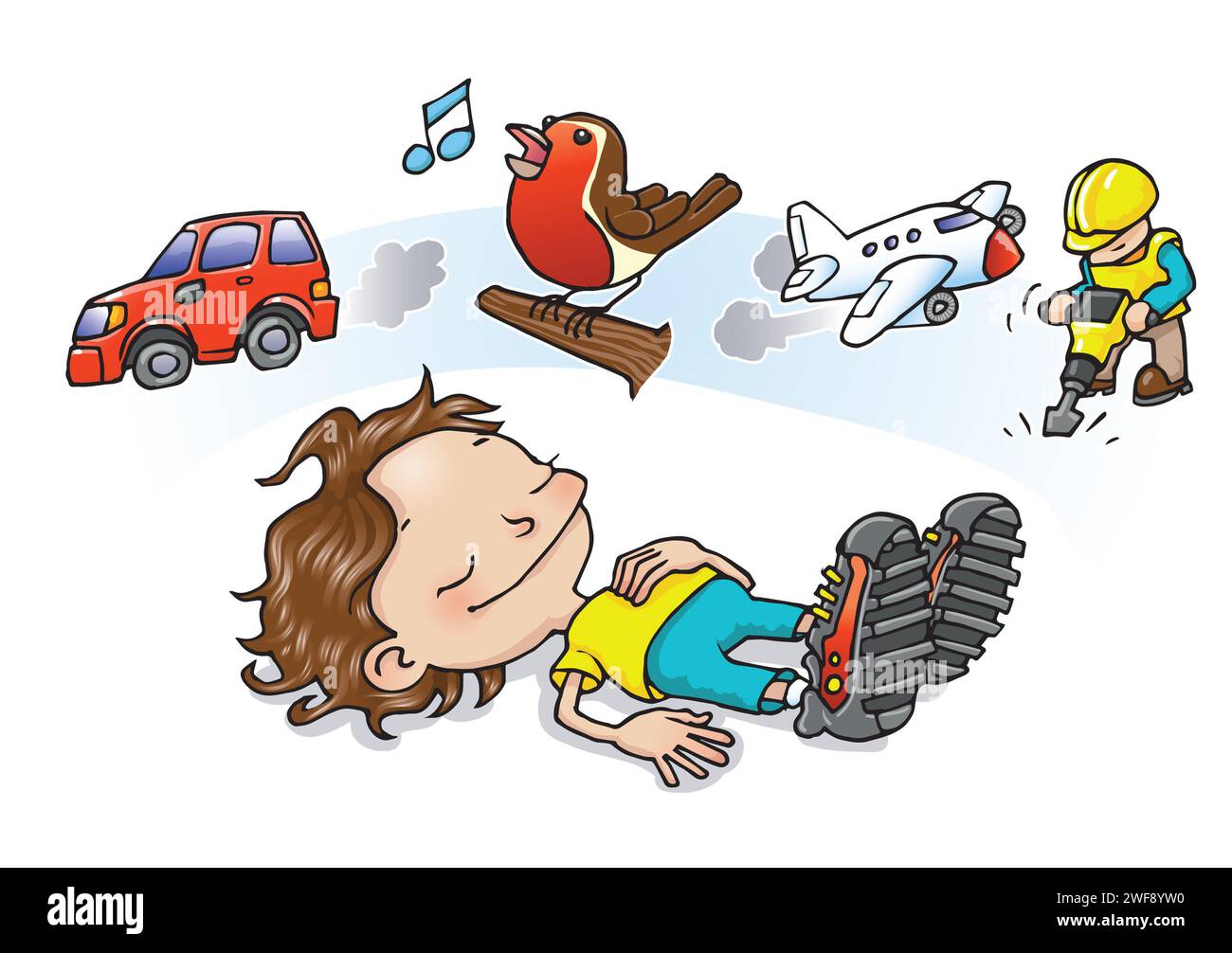 Concept art garçon blanc couché sur le sol écoutant, apprenant à identifier des objets dans son environnement, chant des oiseaux, voiture, travaux routiers, avion, temps calme Banque D'Images