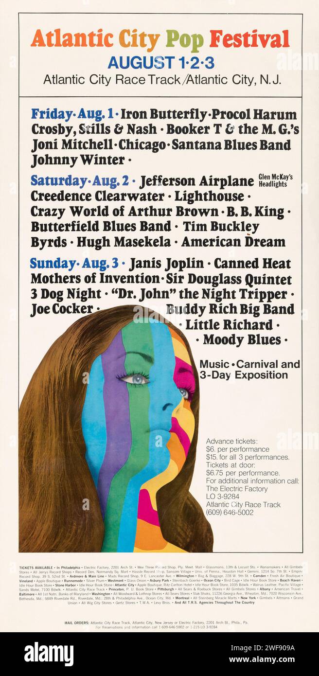 Janis Joplin, Frank Zappa, Crosby Stills et Nash, Joni Mitchell, Chicago, Santana, Creedence Clearwater, Byrds, Joe Cocker etc. - affiche de concert du Festival Pop d'Atlantic City 1969 Banque D'Images