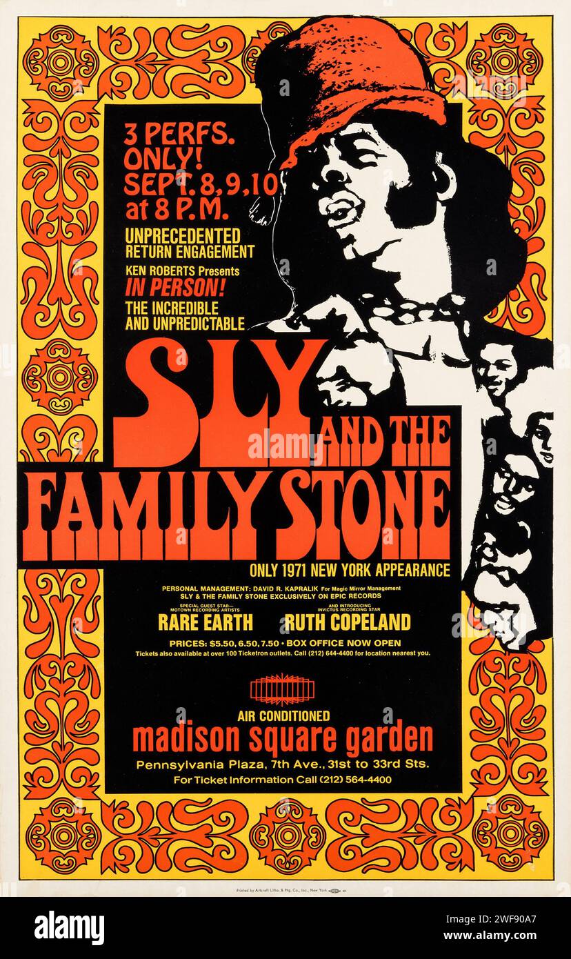 Sly & the Family Stone 1971 Madison Square Garden, New York - affiche de concert vintage Banque D'Images
