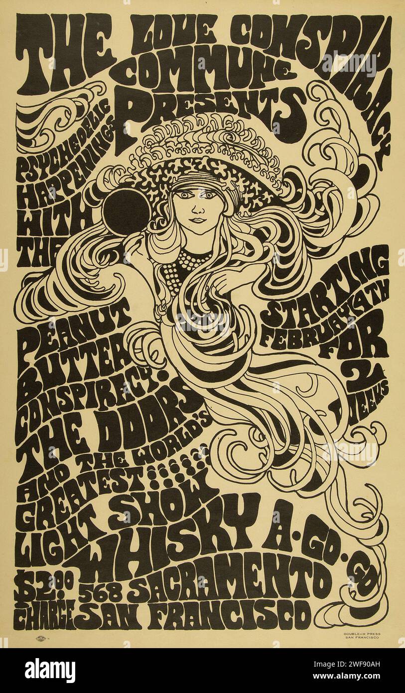 The Love Conspiracy commune présente Psychedelic happening - The Doors - 1967 San Francisco, Sacramento, Whisky-A-Go-Go - affiche de concert des années 1960 Banque D'Images