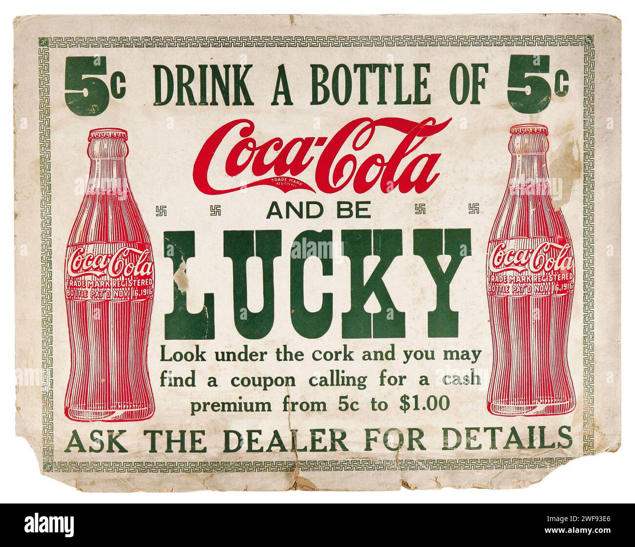 1916 panneau publicitaire Coca-Cola - buvez une bouteille de Coca-Cola et soyez chanceux - regardez sous le bouchon Banque D'Images