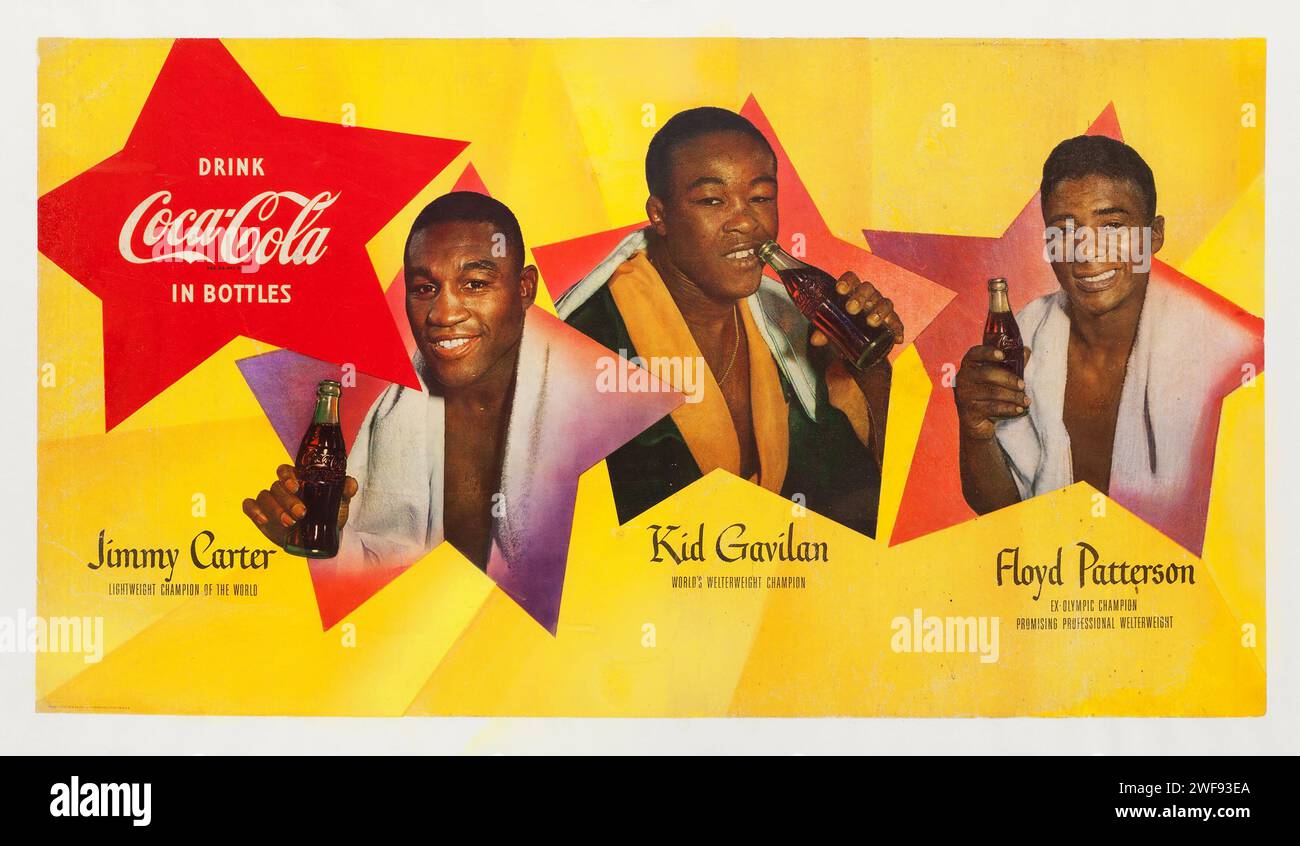 Affiche publicitaire Vintage Coca-Cola de 1950 avec les champions de boxe Floyd Patterson, Kid Gavilan et Jimmy carter Banque D'Images