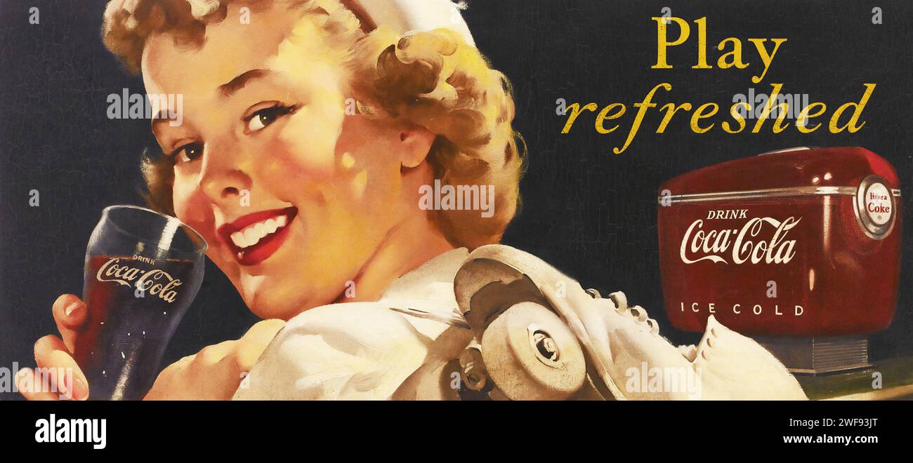 Jouer rafraîchi, illustration d'affiche de Coca-Cola, c. 1950 - Haddon Sundblom artwork Banque D'Images