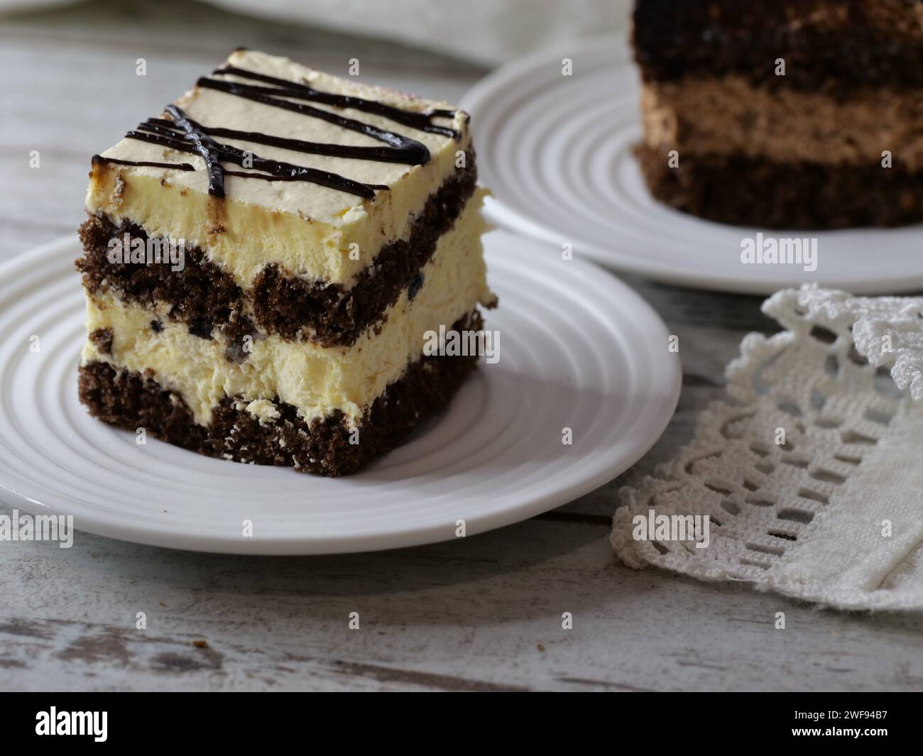 Tranche de gâteau au chocolat et cheesecake sur une assiette Banque D'Images