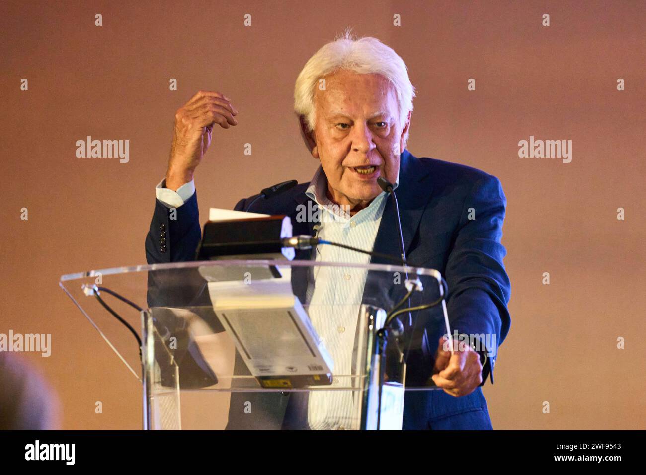 The former president of the Government of Spain, Felipe González, speaks during the II Conference on Forest Fires and Natural Hazards, on November 29, 2024 in Seville (Andalusia, Spain). The president of the Junta de Andalucía, Juanma Moreno, takes part in the II Jornadas de Incendios Forestales y Riesgos Naturales, organized by the Fundación Felipe González and the Revista RIyRN. The former president of the Spanish Government, Felipe González, participated in this event. 29 JANUARY 2024 Joaquin Corchero / Europa Press 01/29/2024 (Europa Press via AP) Banque D'Images