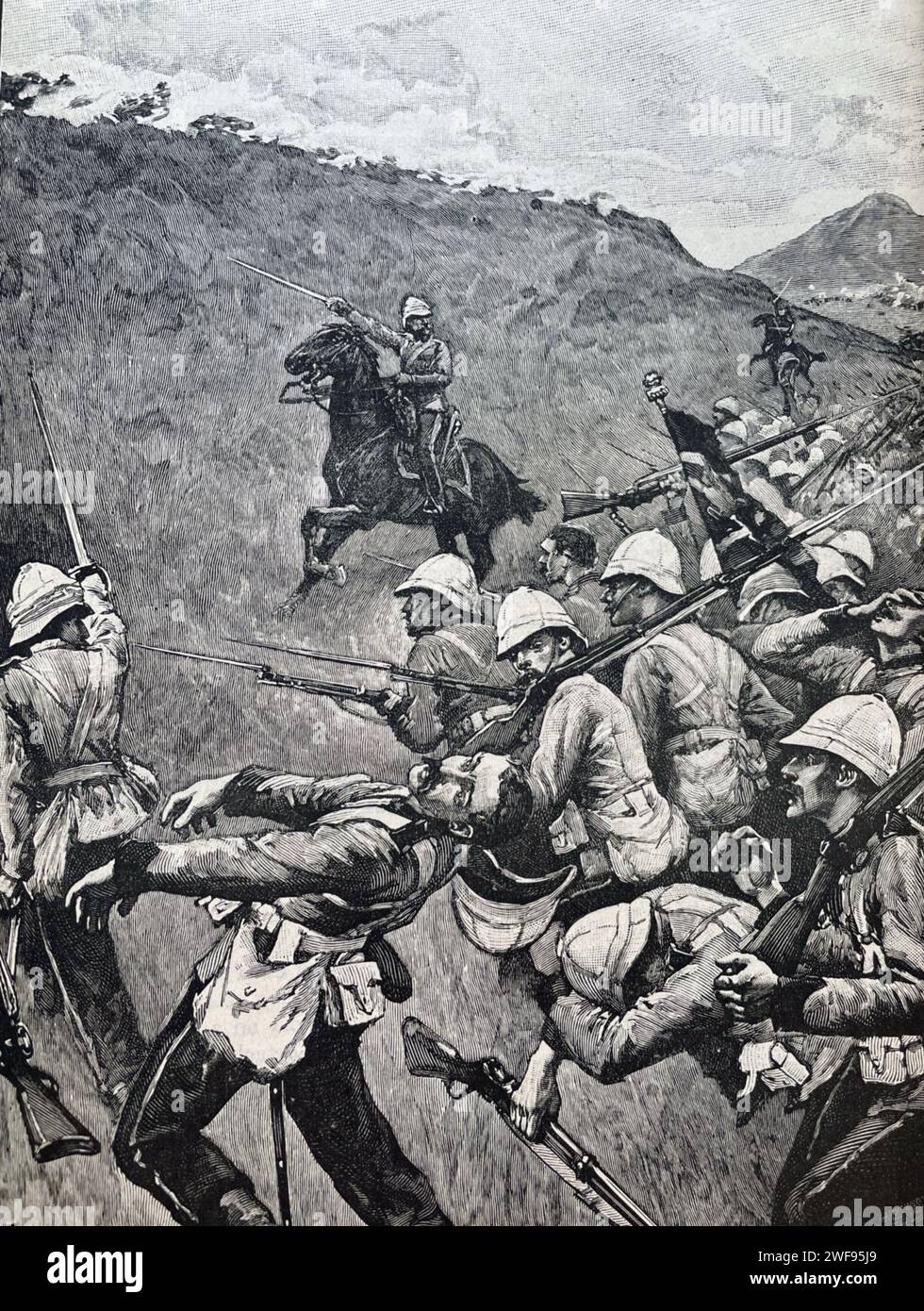 IL PARTICIPE À LA BATAILLE DE LAING'S NEK LE 28 JANVIER 1881. Les soldats britanniques avancent mais sont repoussés par les tirs intenses des Boers. Banque D'Images