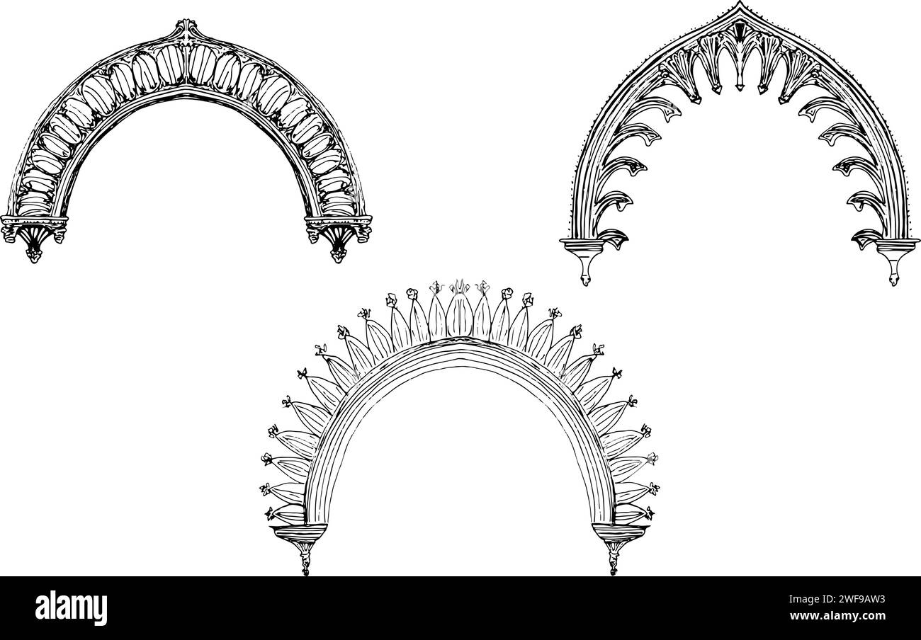 Ensemble de trois arches dessinées à la main, des bistrots baroques et gothiques ou des arcades avec des éléments de design cannelés et à pointes Illustration de Vecteur Ensemble de trois arches dessinées à la main, des bistrots baroques et gothiques ou des arcades avec des éléments de design cannelés et à pointes Illustration de Vecteur