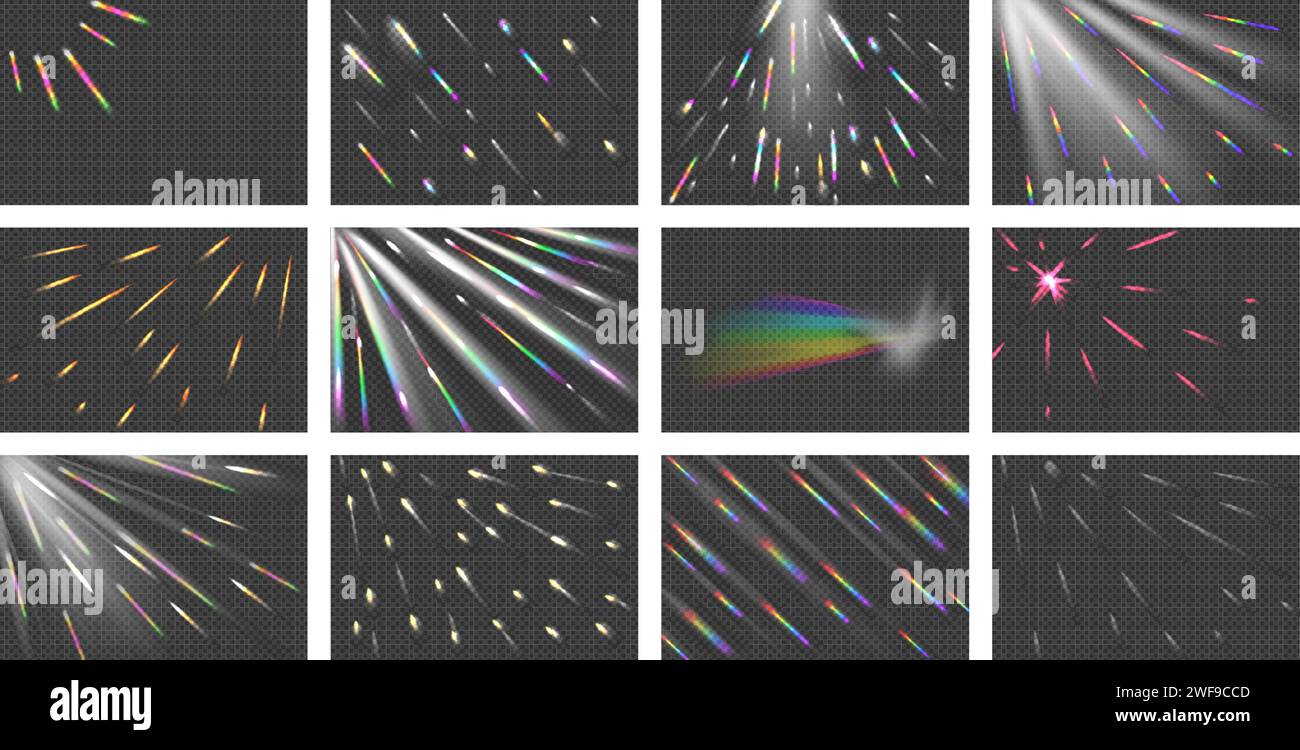 Ensemble d'effets de lumière arc-en-ciel à prisme d'angle arc-en-ciel. Illustration de Vecteur