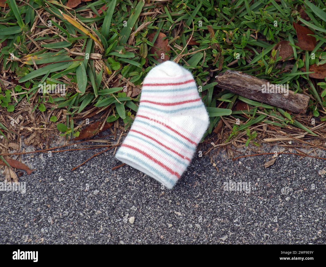 Jolie petite chaussette bébé abandonnée dans un parc. Banque D'Images