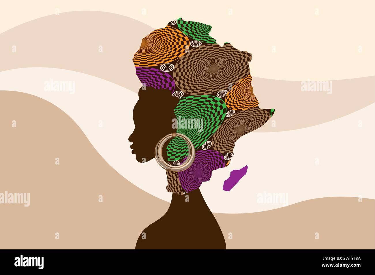 Concept de femme africaine, silhouette profil visage avec turban en tissu ethnique en forme de carte de l'Afrique. Modèle de conception de logo de beauté afro tribal Illustration de Vecteur