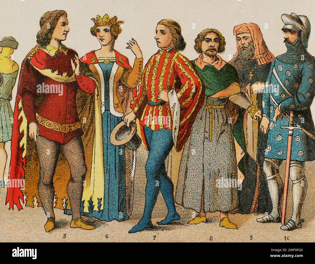 Histoire de l'Angleterre. 1300-1400. De gauche à droite, 5-6, robes de cour, 7, chevalier, 8, citoyen (gens ordinaires), 9, seigneur, 10, chevalier, 1377. Chromolithographie. Détails. Historia Universal', de César Cantú. Volume VI, 1885. Banque D'Images