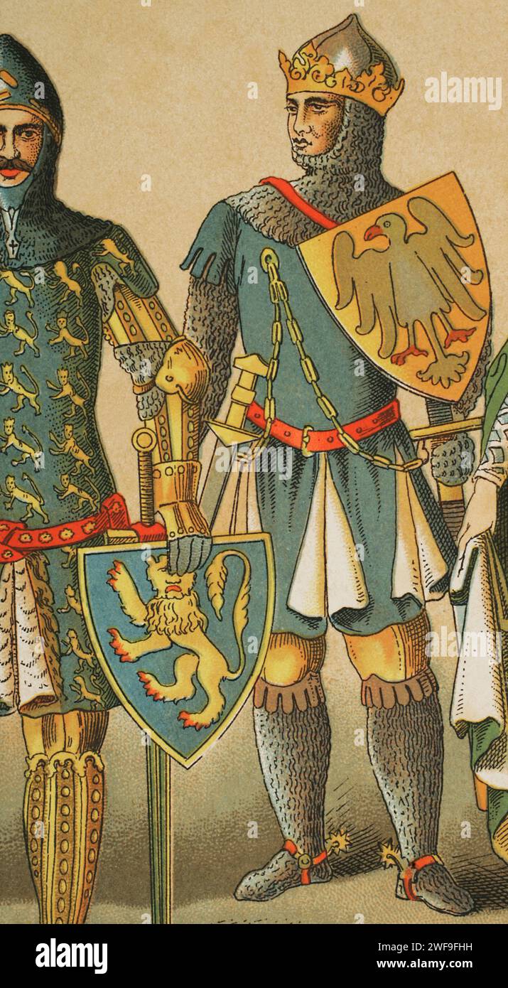 À droite : Louis IV de Bavière (1282-1347). Empereur romain germanique (1328-1347). À gauche : Günther von Schwarzburg (vers 1304-1349). Roi d'Allemagne en 1349. Chromolithographie. Historia Universal', de César Cantú. Volume VI, 1885. Banque D'Images