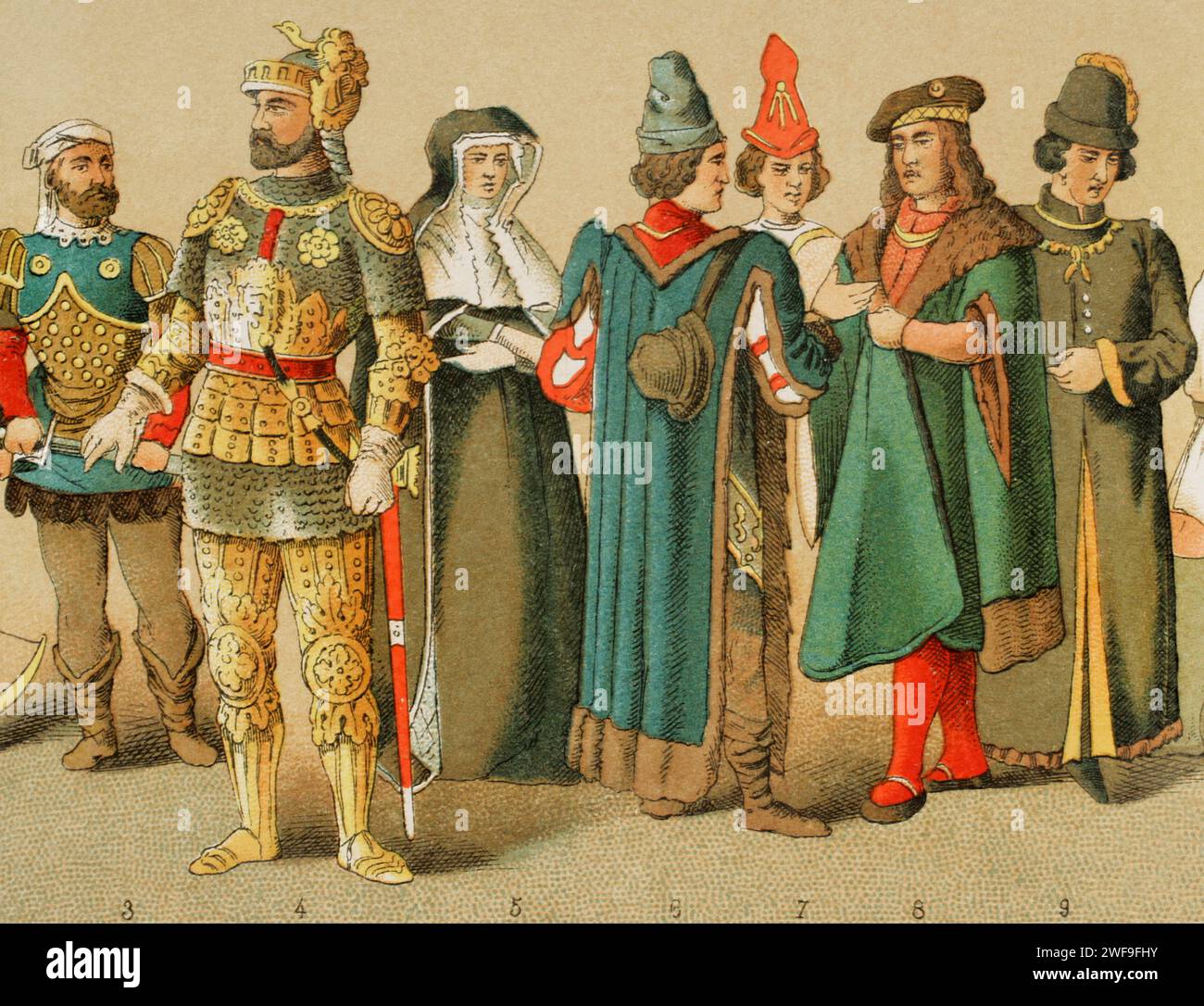 Histoire de France. 1400. De gauche à droite, 3-4, chevaliers, 5, Robe de deuil, 6-7-8-9, nobles. Chromolithographie. Historia Universal', de César Cantú. Volume VI, 1885. Banque D'Images