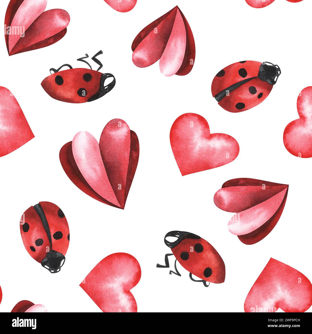 Coccinelles et coeurs rouges. Illustration à l'aquarelle dessinée à la main. Motif sans couture. Concept de Saint-Valentin. Pour textile, tissu, papier peint, web, packag Banque D'Images