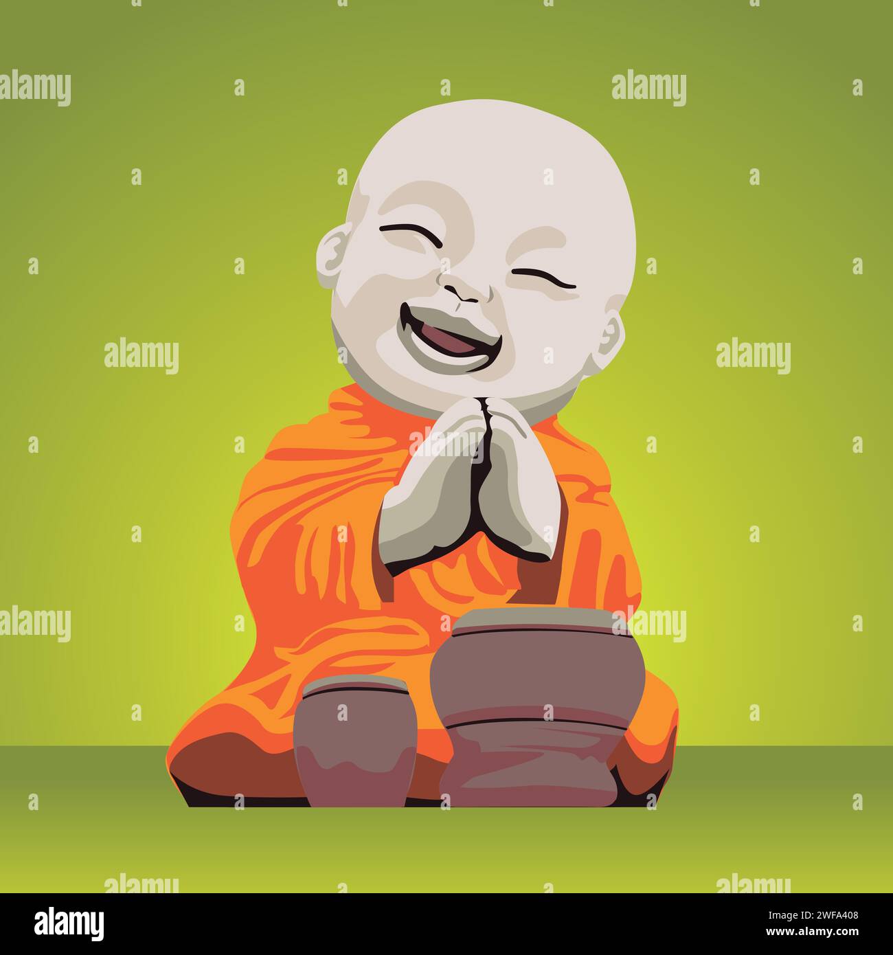 petit bouddha avec tambour. Statue de personnage de dessin animé de moine bouddhiste. Illustration de Vecteur