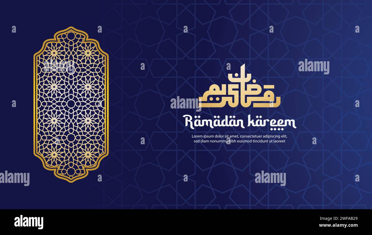 Carte de voeux Ramadan Kareem avec calligraphie. Fond bleu de motif islamique Illustration de Vecteur