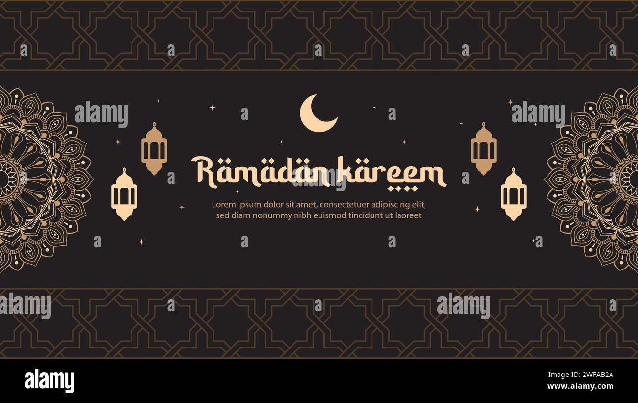 Fond de carte de voeux Ramadan Kareem avec lanterne, croissant de lune, mandala et ornements islamiques de couleur brun doré. Illustration de Vecteur