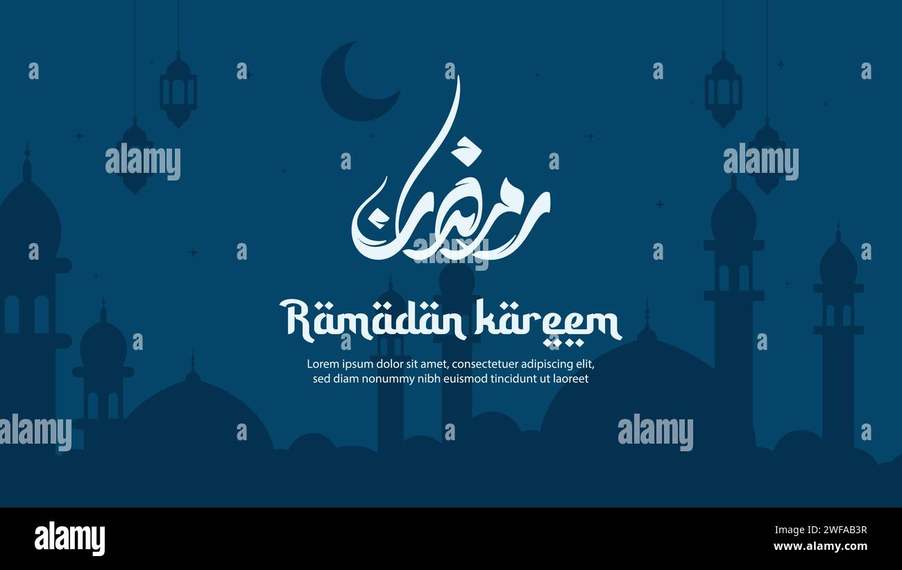 Carte de voeux Ramadan Kareem avec calligraphie. Fond islamique, silhouette de mosquée et décoration de lanterne suspendue Illustration de Vecteur